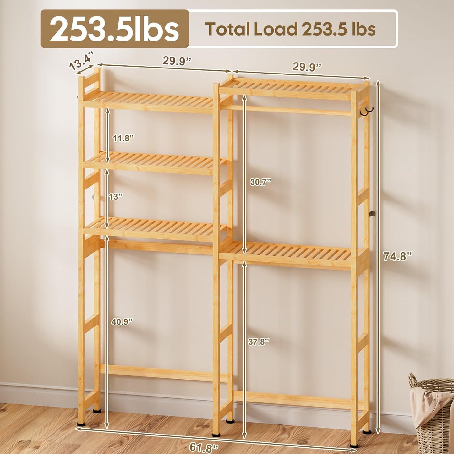 Cozivolife Over The Washer Dryer Storage Shelf: Bamboo 5 Tiers (Natural) | Laundry Room Drying Rack with Adjustable Shelves and 4 Hooks - Space Saver Organizer for Hanging Clothes and Towels