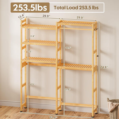 Cozivolife Over The Washer Dryer Storage Shelf: Bamboo 5 Tiers (Natural) | Laundry Room Drying Rack with Adjustable Shelves and 4 Hooks - Space Saver Organizer for Hanging Clothes and Towels