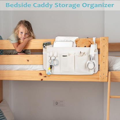 Bedside Caddy, Bedside Storage Bag Hanging Organizer for Bunk Dorm Bed Rail | Bed Caddy with Hooks, Top Bunks and Dorm Essentials for Water, Tissues, Tablets, Books, Phones, Remotes and Other Necessories