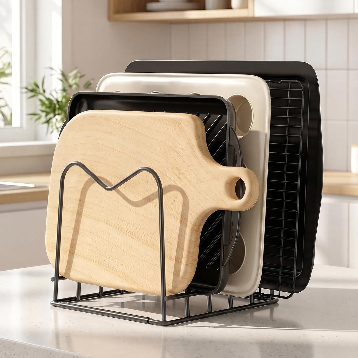 5mm Wire Cutting Board Organizer Holder Stand for Cabinet Countertop | Full silicone strip, no slipping or scratches, 1.2" slot spacing, Holds cutting boards, sheet pans, skillets inside Cabinet