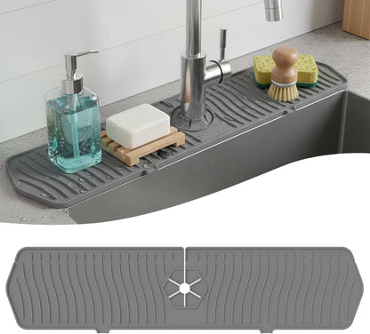 Silicone Faucet Handle Drip Catcher Drying Tray Mat Dish Soap Sponge Holder Accessories Gadgets for Kitchen Counter Bathroom Kitchen Sink Splash Guard (Gray, 24")