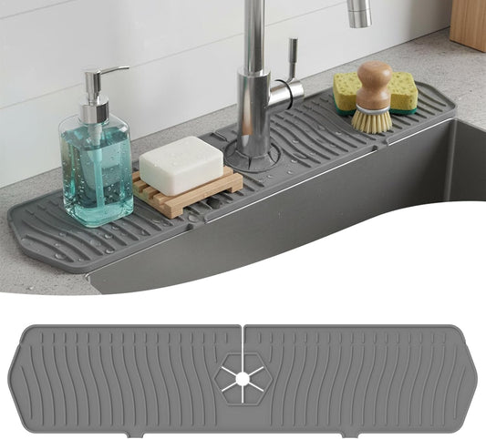 Silicone Faucet Handle Drip Catcher Drying Tray Mat Dish Soap Sponge Holder Accessories Gadgets for Kitchen Counter Bathroom Kitchen Sink Splash Guard (Gray, 24")