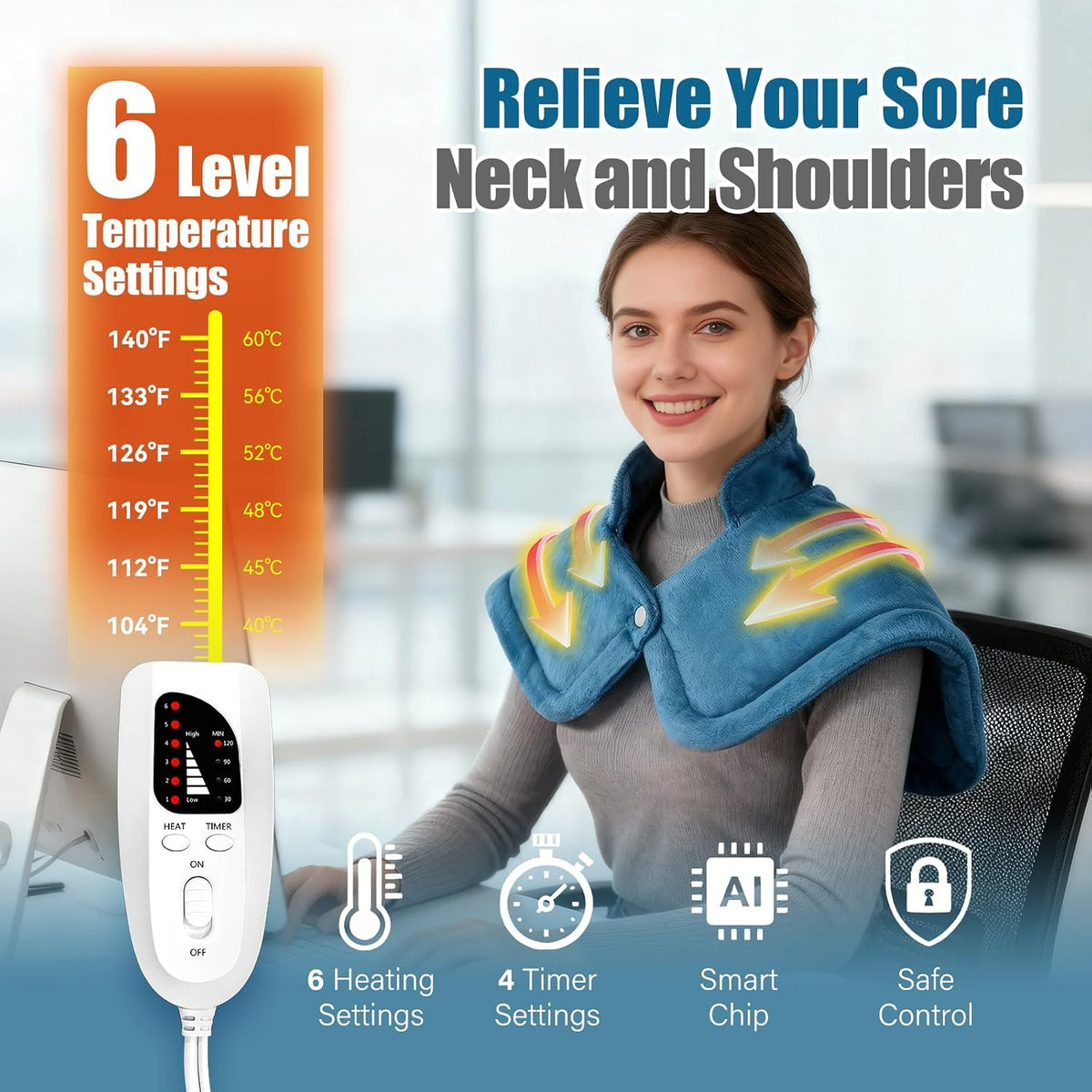 Weighted Heating Pad for Neck & Shoulders - 6 Heat Settings, 4 Timers, Auto Off - Electric Heating Pad for Back Pain Relief - Gift for Women/Men, Mom/Dad, Birthday, Christmas