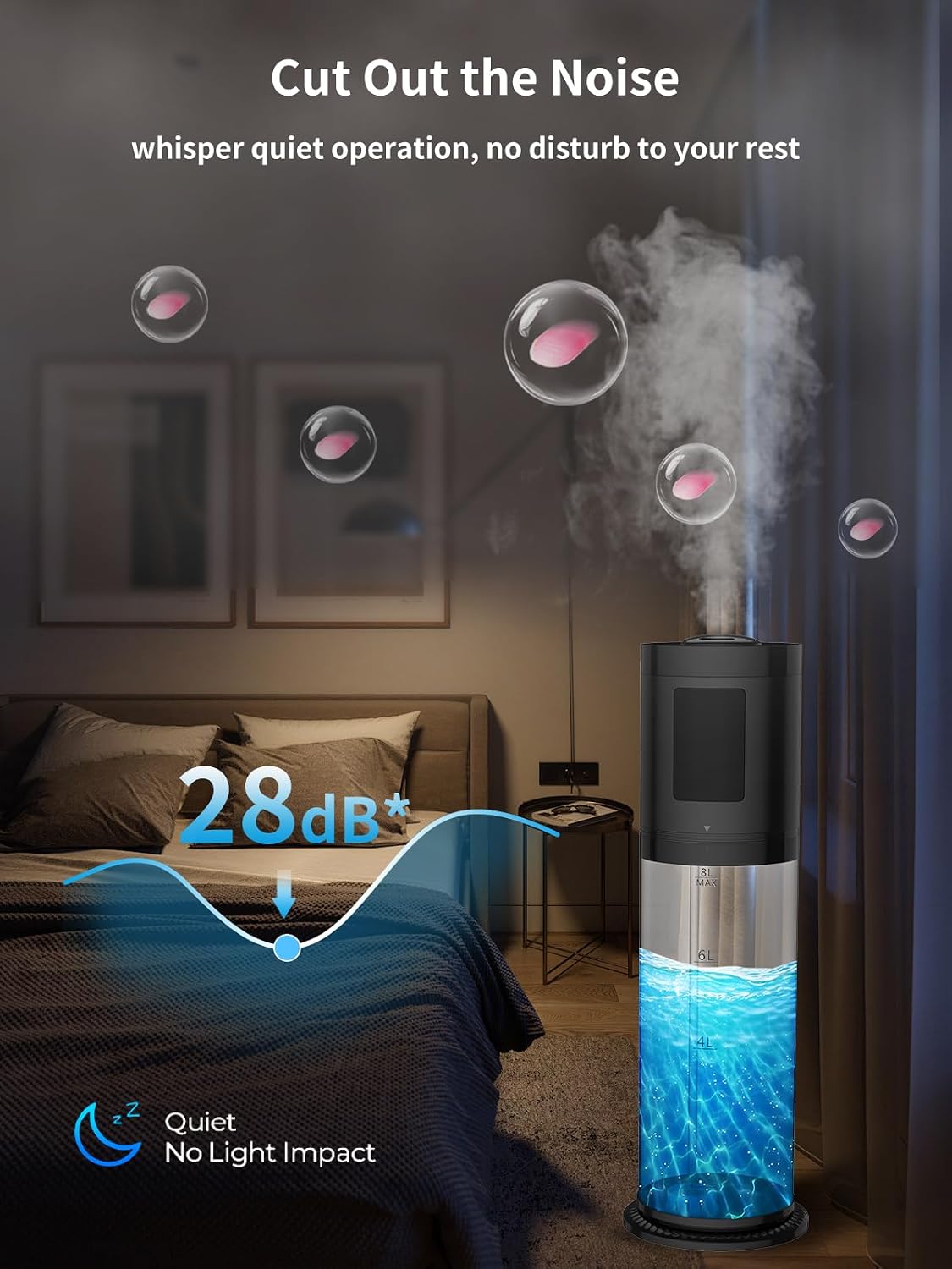 8L Humidifiers for Bedroom, 30dB Quiet, 500ft² Coverage, 60H Runtime, Top Fill, 3-in-1 Humidifier Large Room & Essential Oil Diffuser & Ambient Light, Sleep Mode, 16H Timer, Auto Shutoff Protection
