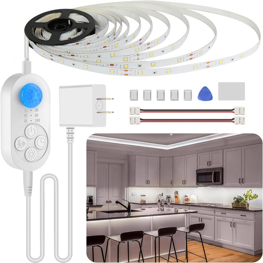 Motion Sensor Under Cabinet Lights Plug-in LED Strip Lights Indoor Cold White 6000K Super Bright 2000lm with 12V Adapter, Dimmer and Timer for Kitchen Cabinet, Shelf, Wardrobe, Stairway…