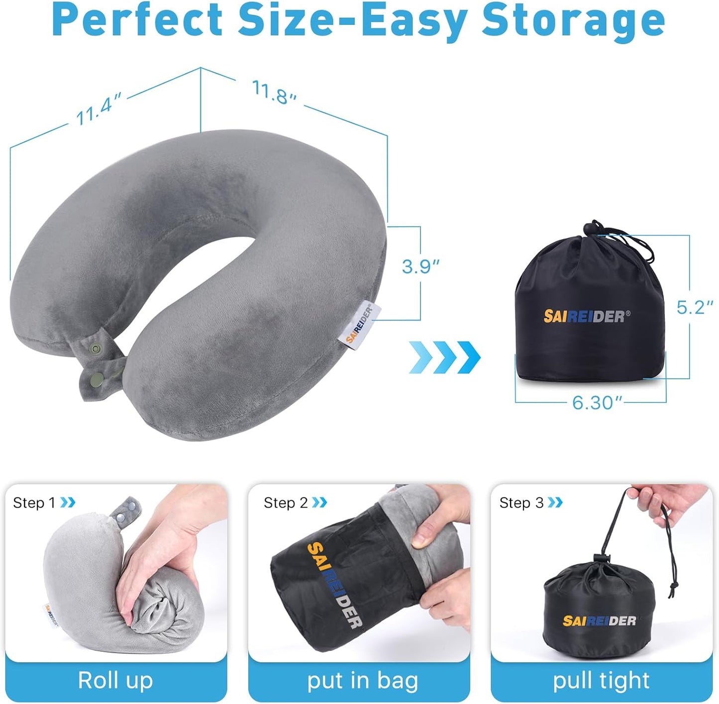 SAIREIDER Travel Pillow 100% Pure Memory Foam Travel Neck Pillow, Airplane Pillow for Traveling、Car、Home、Office，Washable Cover（Black）