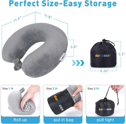 SAIREIDER Travel Pillow 100% Pure Memory Foam Travel Neck Pillow, Airplane Pillow for Traveling、Car、Home、Office，Washable Cover（Black）