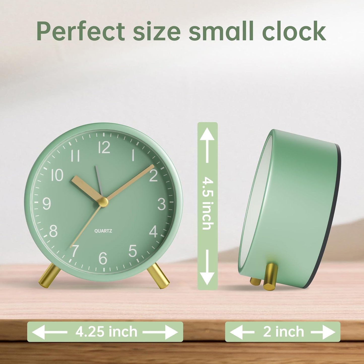 JALL Analog Alarm Clock, 4 inch Super Silent Non Ticking Small Clock with Night Light, Battery Operated, Simple Design, Old Fashioned Style Ideal Decor, for Bedroom, Bedside, Desk, Adult, Gift, Green