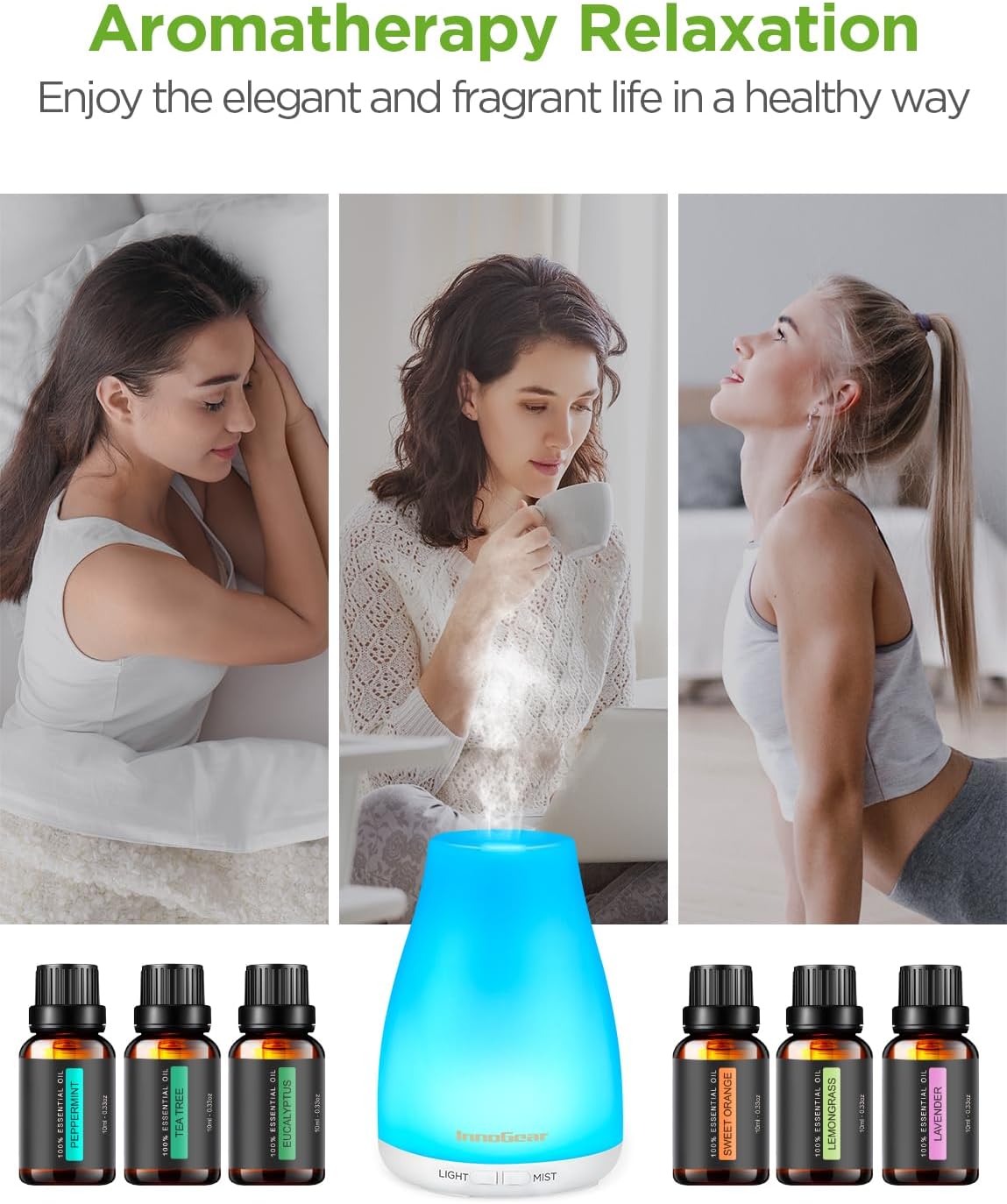 InnoGear Essential Oil Diffuser with Oils, 100ml Aromatherapy Diffuser with 6 Essential Oils Set, Aroma Cool Mist Humidifier Gift Set, Dark Wood Grain
