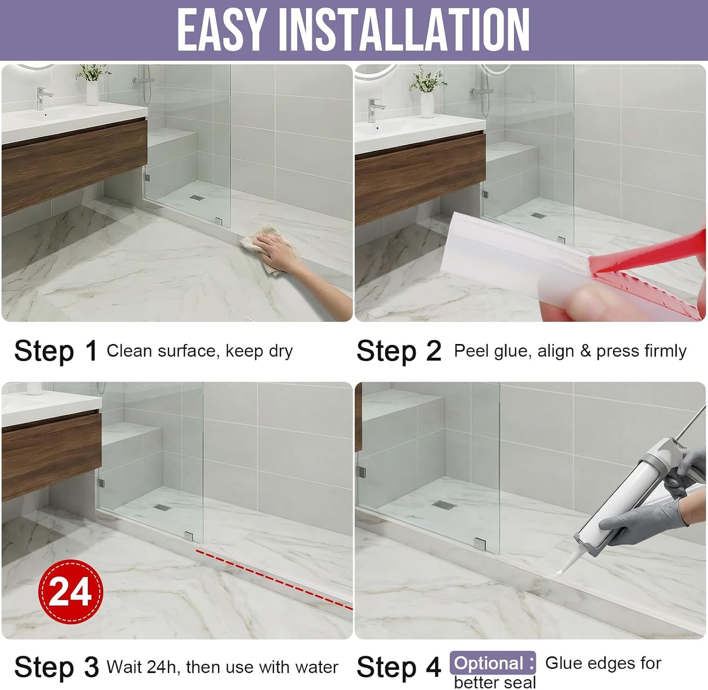 Shower Threshold Water Dam Barrier - Versatile, Silicone Shower Water Guard Stopper Seal Strip for Bathroom Floor, Bathtub Rim, Kitchen Countertop (White, 59 In/ 1.5M)