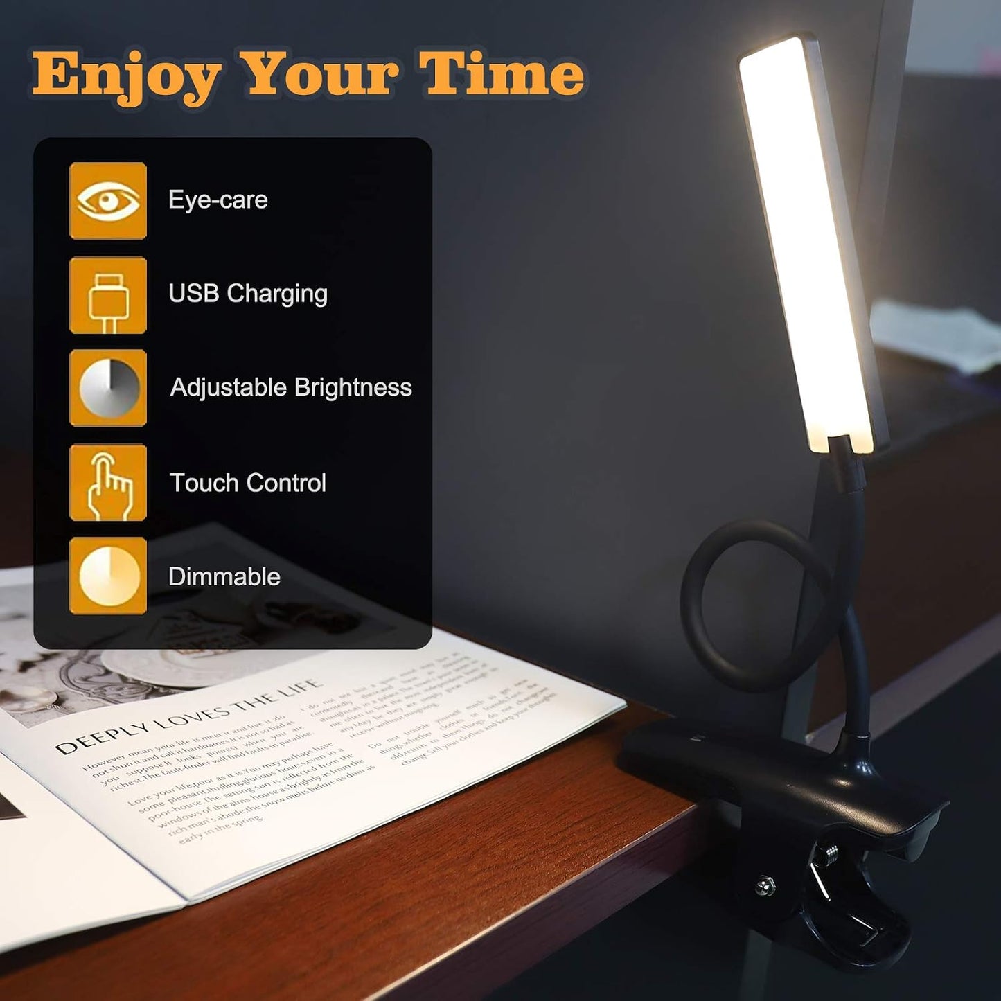 LED Reading Light with Clip USB Rechargeable Book Lights, 24 LEDs Flexible Neck Night Bed Lamp, Touch Control Portable Clamp Desk Lamps for Bed Headboard, Computers -Black