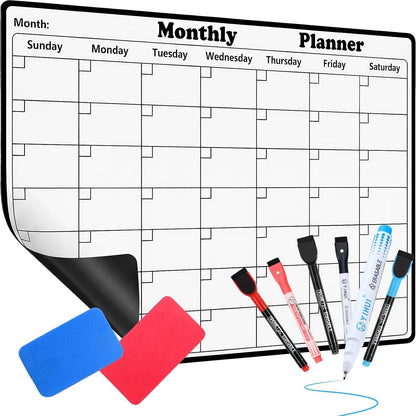Magnetic Dry Erase Calendar for Refrigerator - 11"x8" Compact Fridge Whiteboard with 6 Markers & 2 Erasers, Weekly Planner, Sunday Start