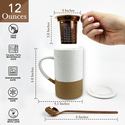 Mora Ceramics Tea Cup with Loose Leaf Infuser, Spoon and Lid, 12 oz, Microwave and Dishwasher Safe Coffee Mug - Rustic Matte Ceramic Glaze, Modern Herbal Tea Strainer - Great Gift for Women, Garnet