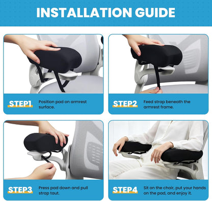 Memory Foam Armrest Pads, Pressure Relief Elbow Cushion, Non-Slip Hook & Loop Straps for Office, Gaming Chair & Wheelchair, Machine Washable, 2-Pack