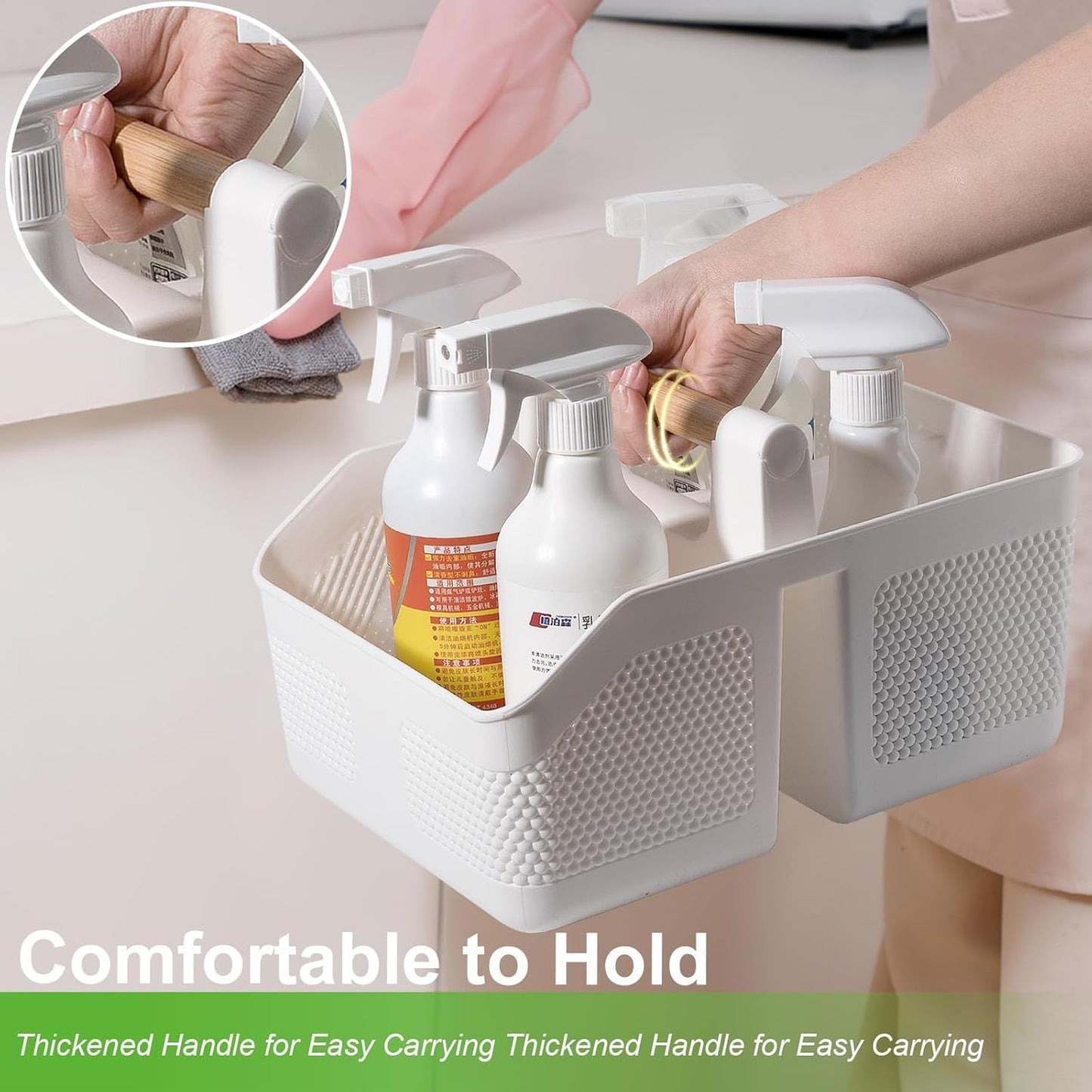 Plastic Shower Caddy Portable Shower Basket with Bamboo Handle, White | Cleaning Caddy Organizer Storage Tote for Bathroom, College Dorm Essentials, Bath Toy Storage