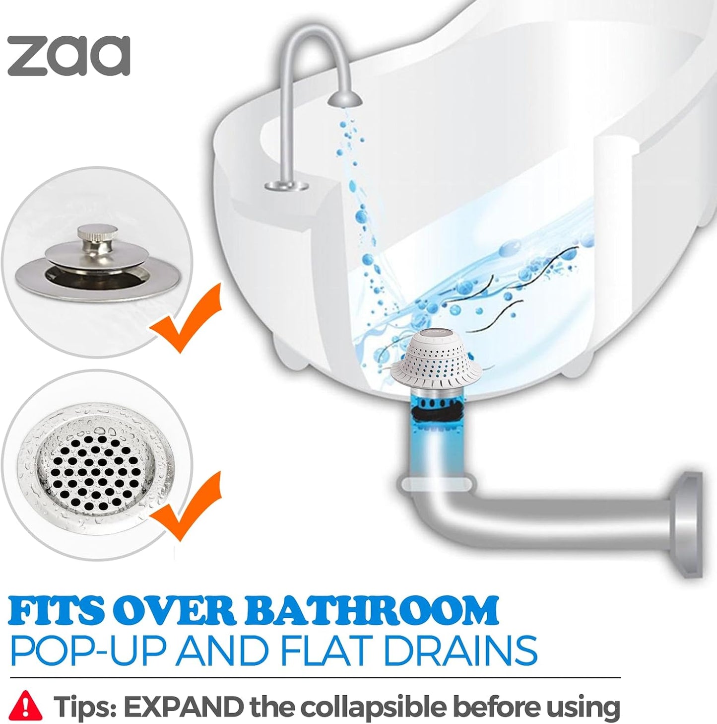 Bathtub Drain Strainer Silicone Bathroom Stopper Fixture Accessories | 2-Pack Gray Collapsible Shower Drain Hair Catcher for Pop Up Tubs, Traps Hair Before Clogs, Easy Clean for Bathroom Sinks