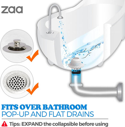 Bathtub Drain Strainer Silicone Bathroom Stopper Fixture Accessories | 2-Pack Gray Collapsible Shower Drain Hair Catcher for Pop Up Tubs, Traps Hair Before Clogs, Easy Clean for Bathroom Sinks