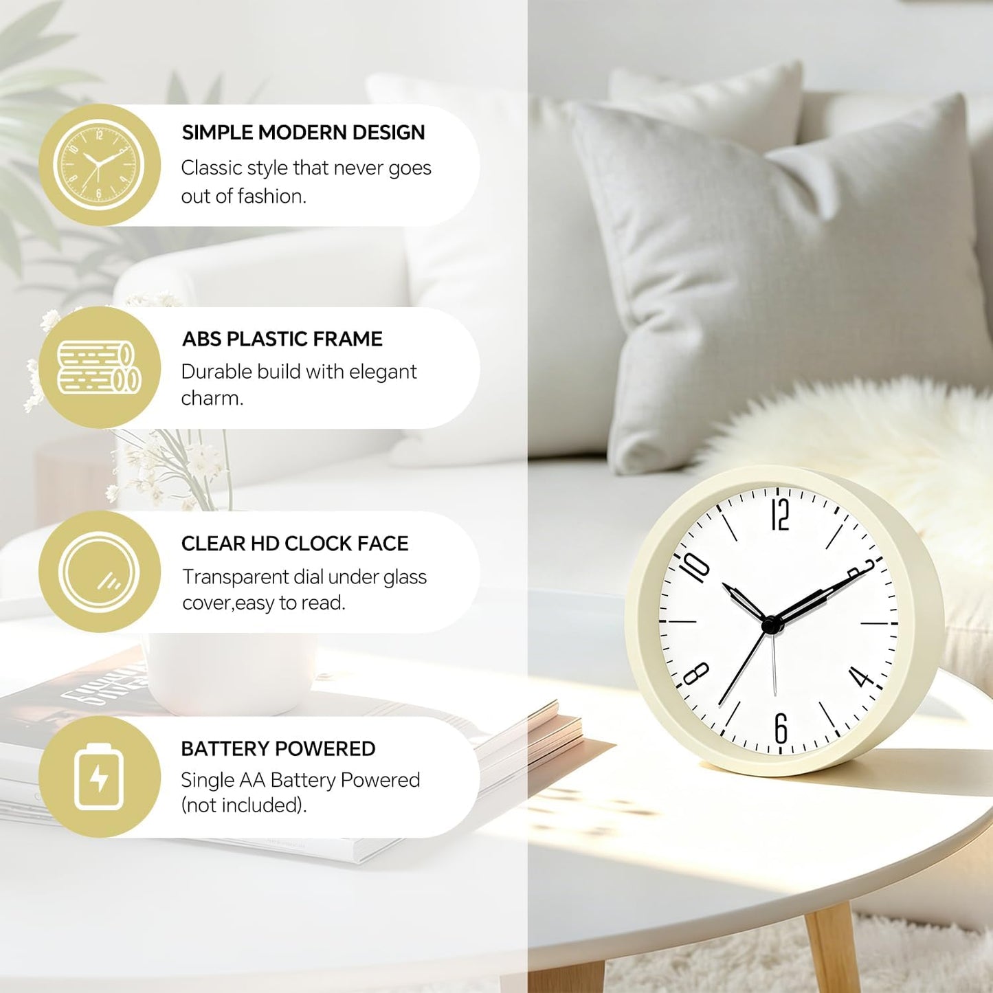 Silent Analog Loud Alarm Clock for Bedrooms, 4.5" Battery Operated Alarm Clock with Modern Round Design, Plastic Small Desk Clock for Heavy Sleepers Adults Teens Seniors College Dorms, Green