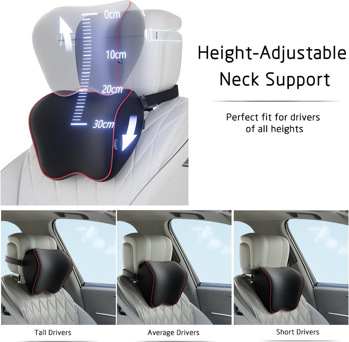 Crofy 2-Pack Car Neck Pillow, Headrest Pillow with Adjustable Strap, Black