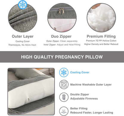 ALLOPERA Pregnancy Pillows for Sleeping, 57-Inch U-Shaped Full Body Maternity Pillow with Adjustable Fill and Removable Washable Cover, Back, Belly, Hip and Leg Support for Pregnant Women, Black Grey