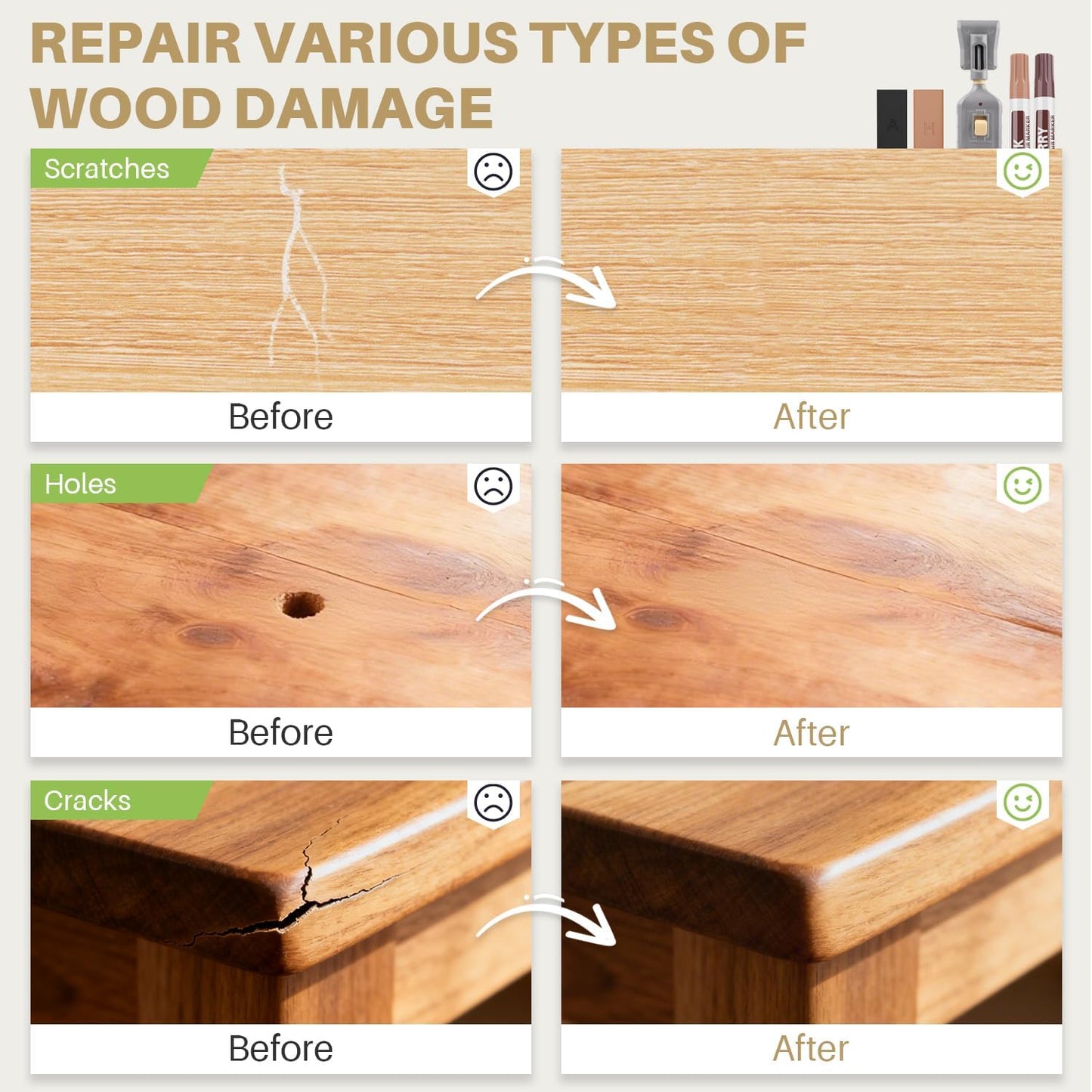 Laminate Vinyl Floor Repair Kit - Set of 22 Wood Floor Wax Furniture Touch Up Markers, Linoleum Repair Kit Cover Up Scratches, Cracks, Stains for Wooden Door, Floor, Table, Cabinet, Desks