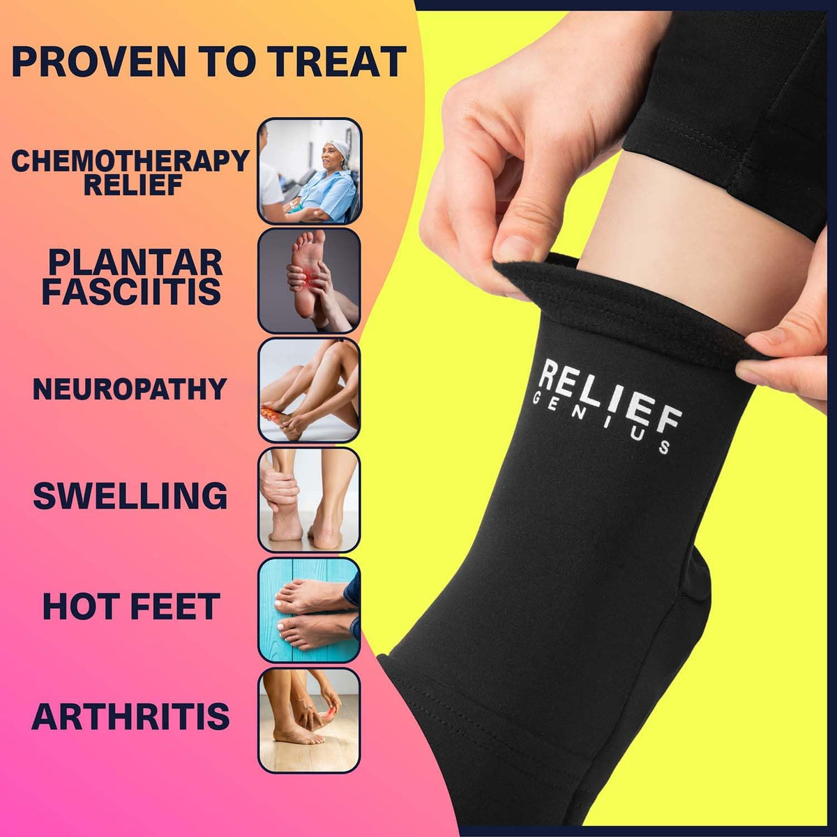 Relief Genius Cold Therapy Socks with Reusable Gel ice Packs - Achieve Relief from Sprains, Muscle Pain, Bruises, Swelling, Edema, Chemotherapy, Arthritis, Post Partum Foot (Black, Large)