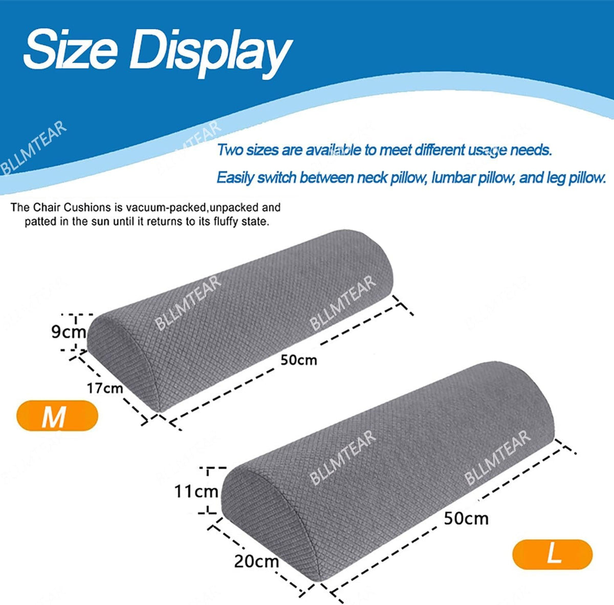 1/2 Pack Half Moon Bolster Pillow for Legs, Knees, Lower Back and Head | Lumbar Support Pillow for Bed, Sleeping | Semi Roll for Ankle and Foot Comfort - Machine Washable Cover(09,M:50x17x9cm)
