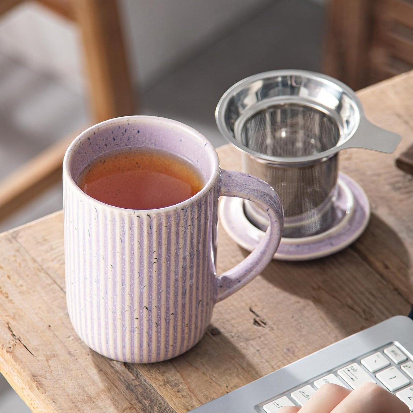 Yundu 15.5oz/470ml Flambe Purple Ceramics Teacups with Infuser and Lid, Loose Leaf Tea Cup