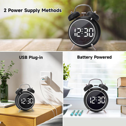 Digital Small Alarm Clock, 4.5 Inch Double Bell Electronic LED Alarm Clock, Plug in or Battery Operated Silent Metal Table Clock, Modern Loud Bedside Clock for Heavy Sleepers Adults Kids (Black)