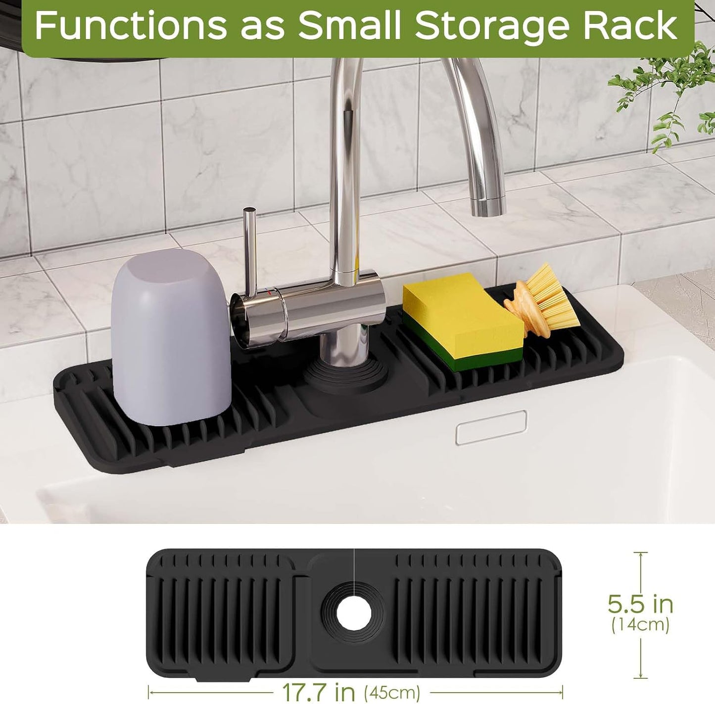 24 Inch Silicone Faucet Mat for Kitchen Sink Splash Guard – Upgraded Draining Mat with Water Tray Behind Faucet – Countertop Protectors to Catch Spills (Black, 24" x 5.5" )