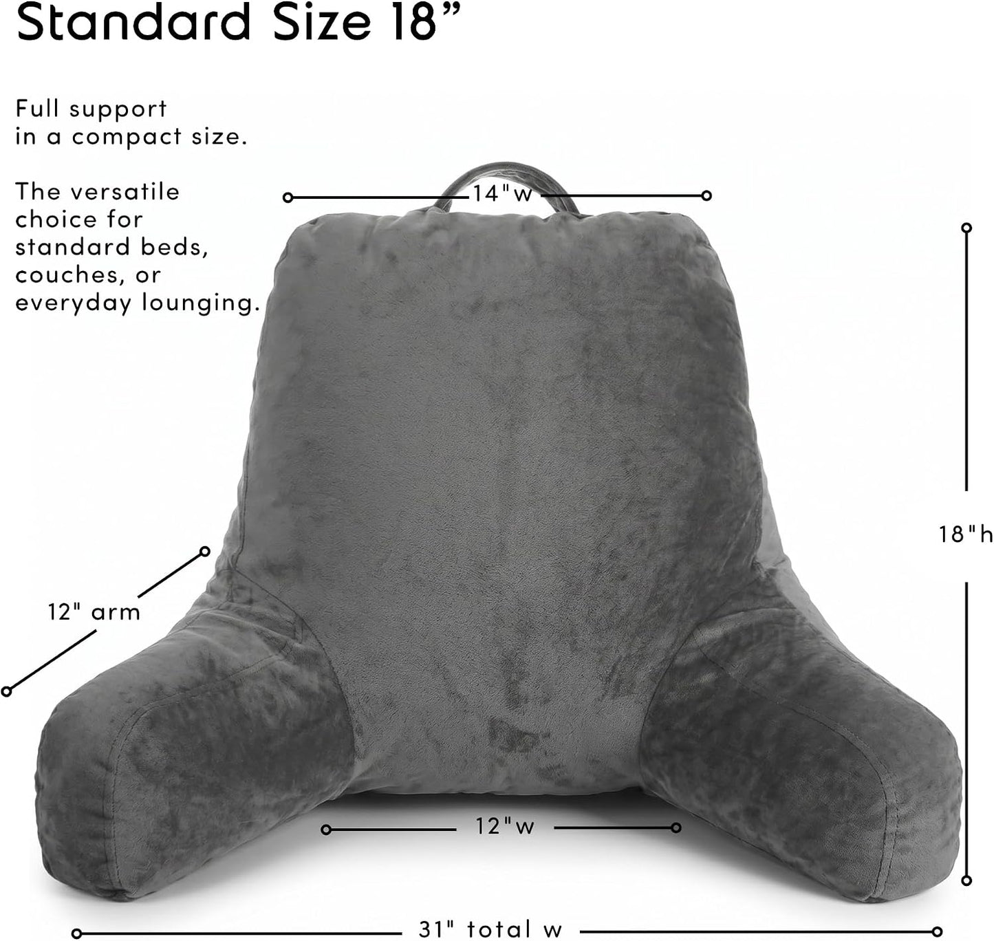 Nestl Reading Pillow with Shredded Memory Foam, Designed for Sitting Up in Bed and Couch, Back and Arms Adjustable Support for Adult & Teens Backrest Pillows for Reading, with Washable Cover Dark Grey