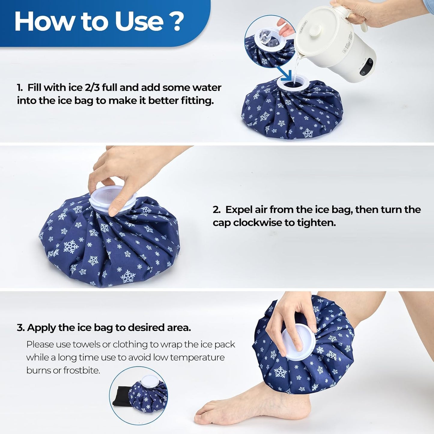 Ice Bags for Injuries Reusable: Ohuhu 3 Packs Ice Cold Packs with 2 Wrap Ice Bag Hot Water Hot & Cold Therapy Pain Relief for Knee Leg Injury No-Leak Waterproof Ice Bags 3 Sizes 6"/9"/11", Light Blue