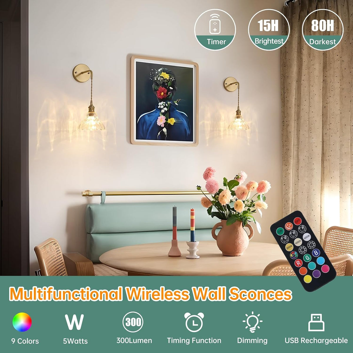 Shenmoyl Battery Operated Wall Sconce Wall Lamp with Green Lily of the Valley Shade Pattern Glass Adjustable Chain Retro Gold Wall Mounted Light, Modern Wall Lamp Fixtures Decor for Bedside Bedroom