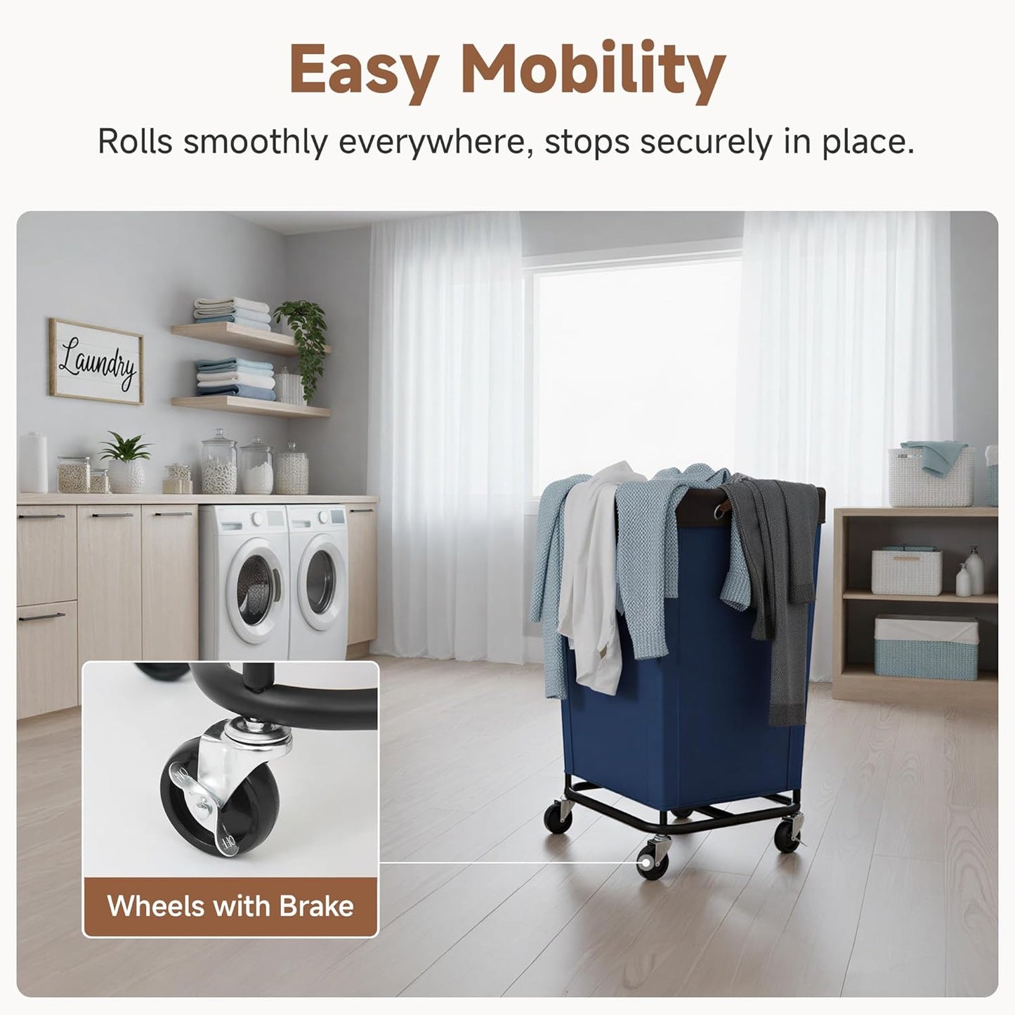 StorageWorks 160L Laundry Basket with Wheels, Rolling Hampers for Clothing | Beige Laundry Basket with Wheels, Metal Frame & Handles, Rolling Hamper for Bedroom, Bathroom, Dorm, Hotel