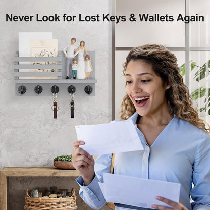 Lwenki Key Holder for Wall – Decorative Wooden Mail Holder and Key Shelf with Mounting Hardware, Installation Guide – Paulownia Wood with Metal Key Hooks (Black, Large - 11.8inch)