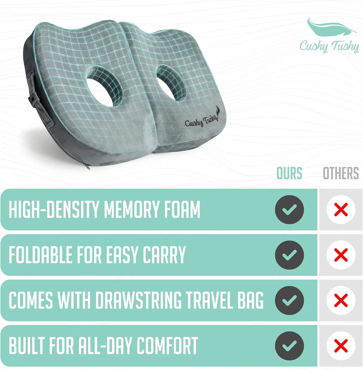 Cushy Tushy Premium Foldable Travel Seat Cushion - for Relief of Lower Back, Sciatic, Butt and Tailbone Pain - for Home & Office Use, Perfect for Travel or Driving - Coccyx Seat Cushion