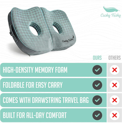 Cushy Tushy Premium Foldable Travel Seat Cushion - for Relief of Lower Back, Sciatic, Butt and Tailbone Pain - for Home & Office Use, Perfect for Travel or Driving - Coccyx Seat Cushion