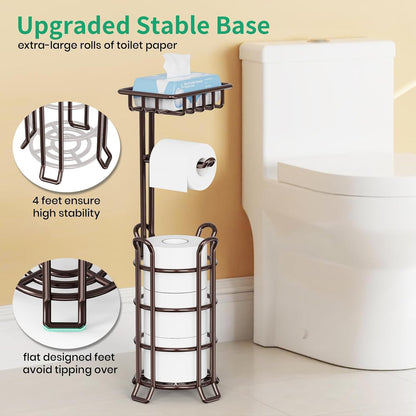 TomCare Toilet Paper Holder Free Standing with Shelf, Stable 4 Raised Feet | Stores 4 Mega Rolls, Tool-Free Assembly, Powder-Coated Metal Frame, Bathroom Storage Organizer for Spare Rolls, Silver