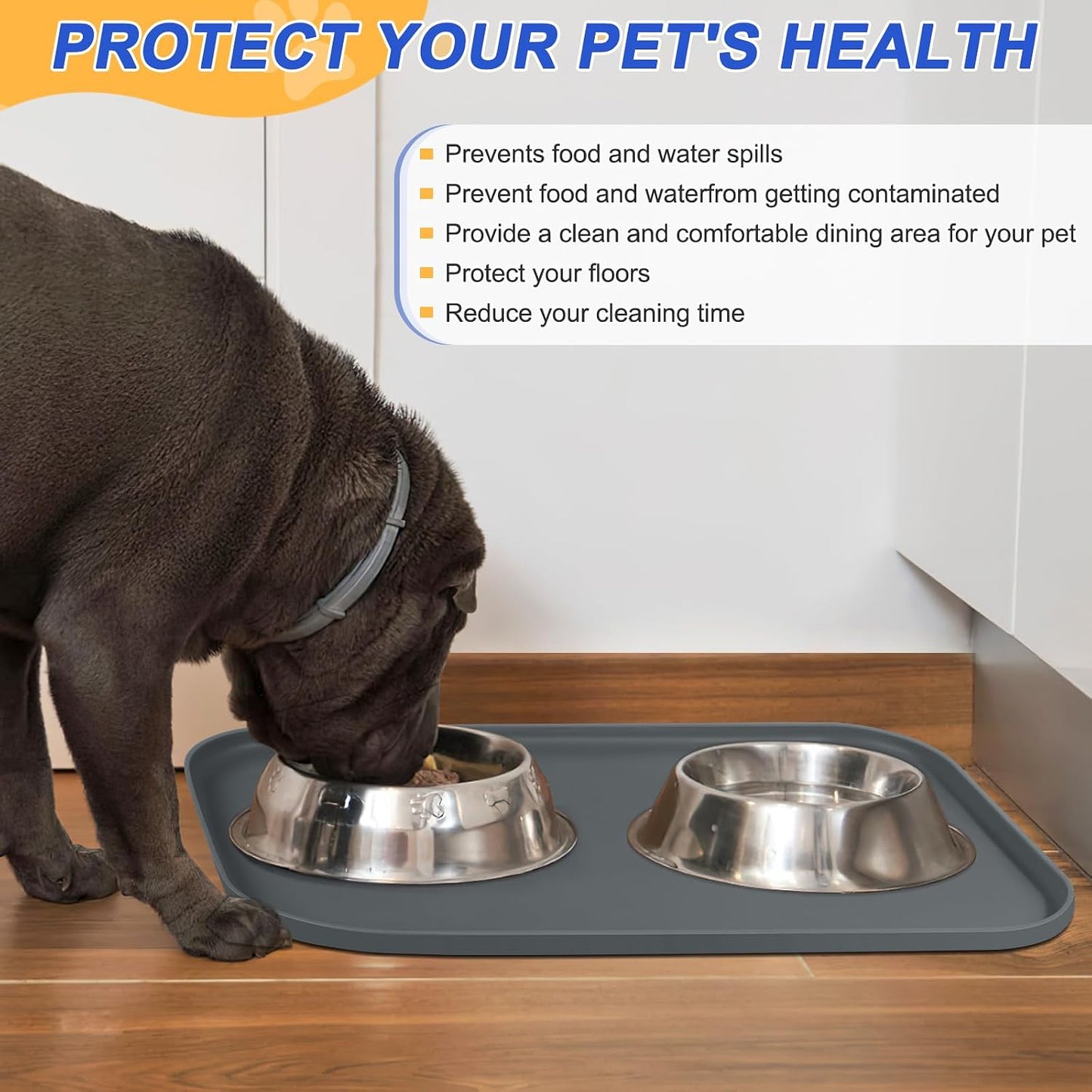 SMILOOL Waterproof Silicone Pet Food Mat with Raised Edge for Dog & Cat | 19" x 12" Non-Slip Pet Feeding Mats with Lip for Food & Water Bowl, Food Grade, Easy Cleaning, Black