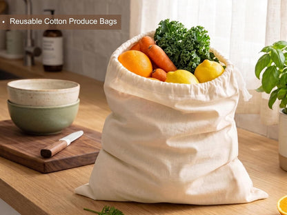 PurpleEssences Reusable Drawstring Bags, Set of 6, Natural | Drawstring Bags for Vegetables, Fruits, Bread, Grains, Washable Cloth Bags for Shopping and Refrigerator Use - Natural