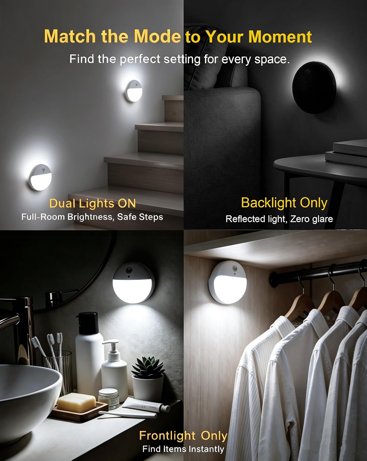 Small Motion Sensor Amber Night Light Battery Operated, Toilet Light | 2 Pack, 3 Modes, Dimmable 1-15lm, Dim Light Soft Glow, No Plug, Wireless Stick on Light for Bedroom, Sleep, Bathroom, Kids