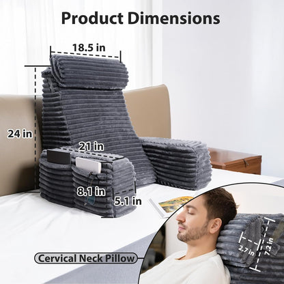 ENITYA 22" XL Back Pillow for Bed Sitting Up with Armrests & Big Pockets | Reading Pillow for Bed, Soft Back Support Chair, Ideal for Watching TV, Gaming, Nursing, Resting, Post Surgery, Dark Grey