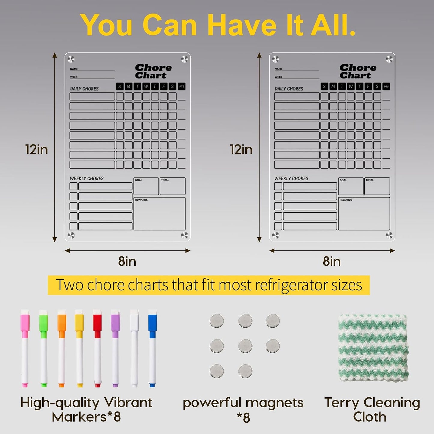 2 Pack Acrylic Magnetic Chore Chart for Kids & Adults on Fridge | 12"x8" Erasable Chore & Reward Board for Kids & Teens - Includes 8 Markers & 1 Towel, Transparent Erasable Checklist, White