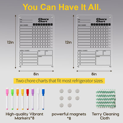 2 Pack Acrylic Magnetic Chore Chart for Kids & Adults on Fridge | 12"x8" Erasable Chore & Reward Board for Kids & Teens - Includes 8 Markers & 1 Towel, Transparent Erasable Checklist, White
