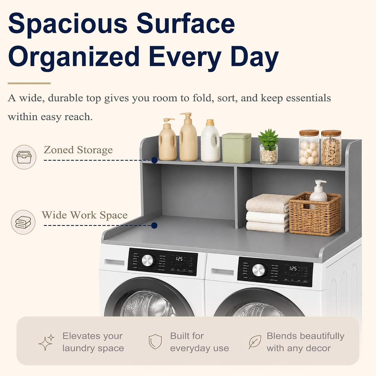 Royxen Washer Dryer Countertop with Extra Tall Shelf, 19" Height Washer and Dryer Topper, Laundry Countertop with Non-Slip Pads, Universal Fit for Laundry Room Organization, Walnut