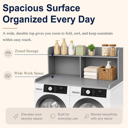 Royxen Washer Dryer Countertop with Extra Tall Shelf, 19" Height Washer and Dryer Topper, Laundry Countertop with Non-Slip Pads, Universal Fit for Laundry Room Organization, Walnut