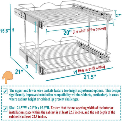 OCG Pull Out Cabinet Organizer (15" W x 21" D), Pull out Drawers, Cabinet Pull Out Shelves for Base Cabinet Organization in Kitchen Bathroom Pantry, Bottom Mount, Chrome Finish