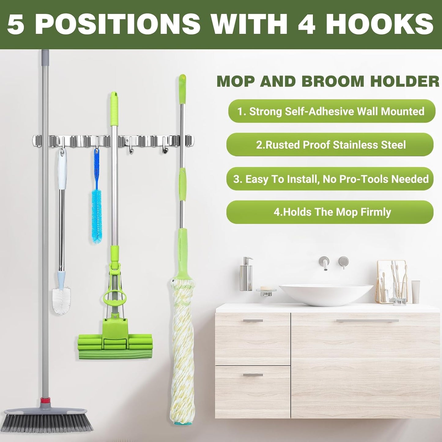 UNIFUN Broom Holder Wall Mount, 5 Racks 4 Hooks, Stainless Steel Organizer | Heavy-duty construction, Space-Saving Wall Mount, Easy To Install, Perfect for kitchen, garage, garden, laundry closet
