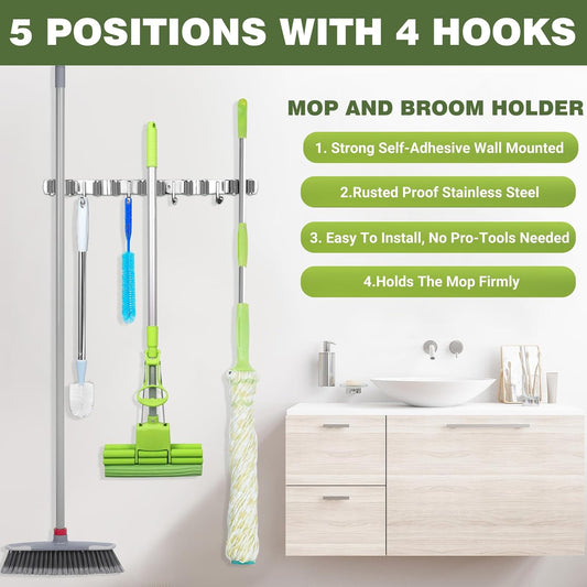 UNIFUN Broom Holder Wall Mount, 5 Racks 4 Hooks, Stainless Steel Organizer | Heavy-duty construction, Space-Saving Wall Mount, Easy To Install, Perfect for kitchen, garage, garden, laundry closet