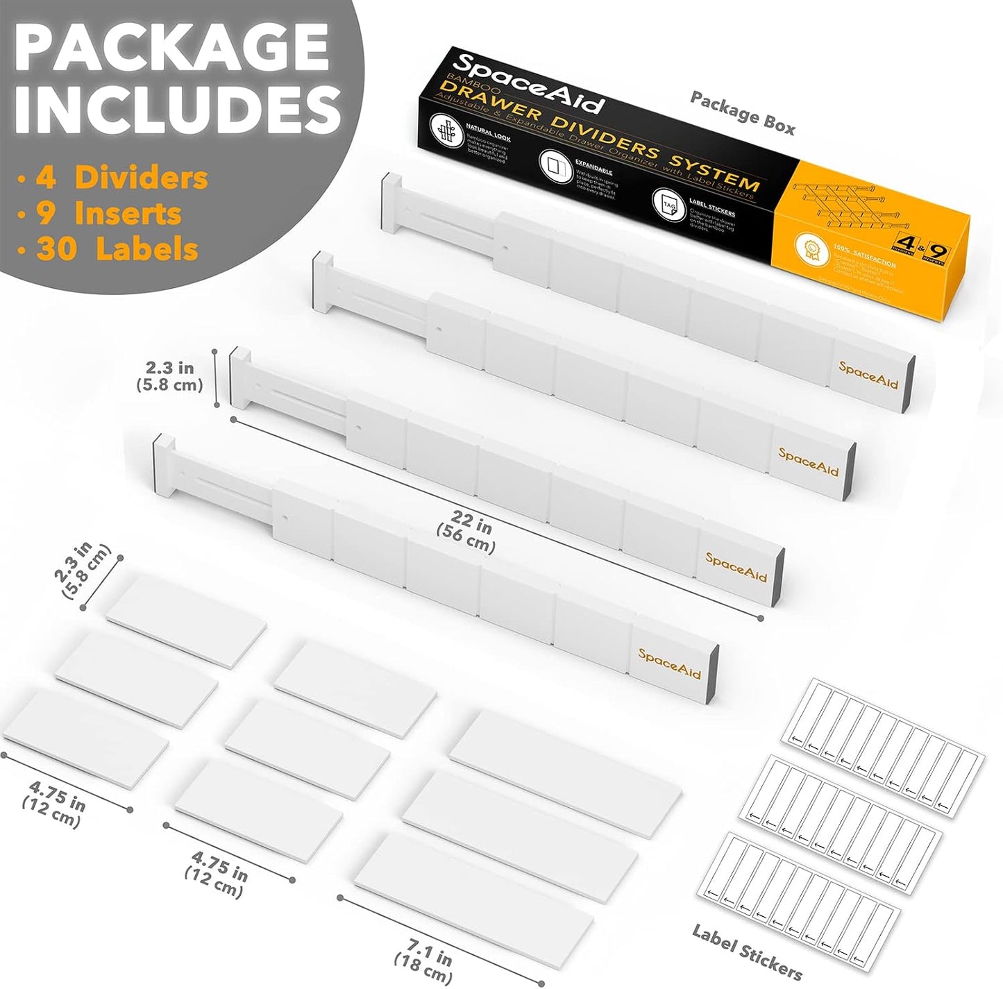 SpaceAid Bamboo Drawer Dividers with Inserts and Labels, Kitchen Adjustable Drawer Organizers, Expandable Organization for Home, Office, Dressers, 4 Dividers with 9 Inserts (17"-22" Natural)